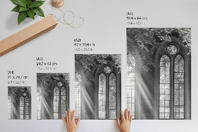 Wandposter Oude gotische ramen, licht, bladeren, mysterie
