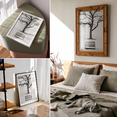Decoratieve poster Minimalistisch landschap met een boom en een bankje.