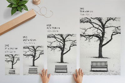 Decoratieve poster Minimalistisch landschap met een boom en een bankje.