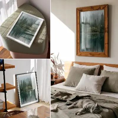 Wandposter groene bosdiepten met mist die weerspiegelt in het water