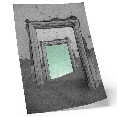 Decoratieve poster surrealistische afbeelding van een groene woestijn met verlaten gebouwen