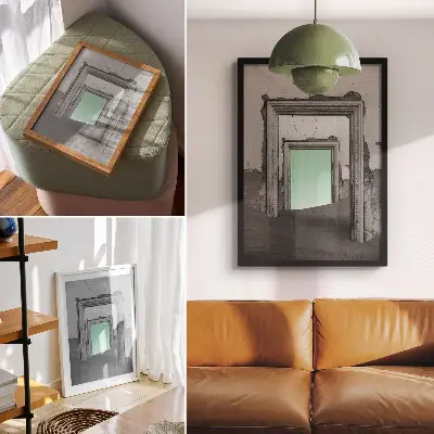 Decoratieve poster surrealistische afbeelding van een groene woestijn met verlaten gebouwen