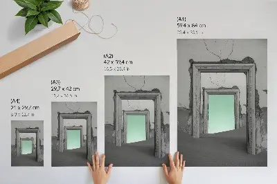 Decoratieve poster surrealistische afbeelding van een groene woestijn met verlaten gebouwen
