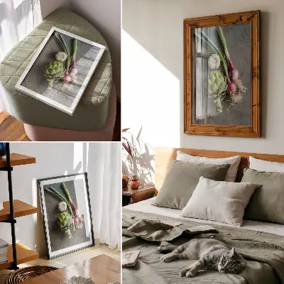 Decoratieve poster met een rustieke en frisse groentecompositie