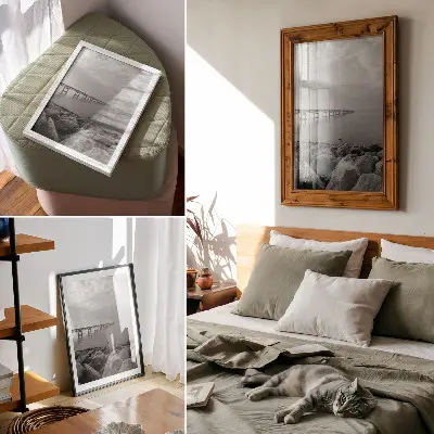 Wandposter vreedzaam landschap met een brug en een rotsachtig strand onder een grijze lucht