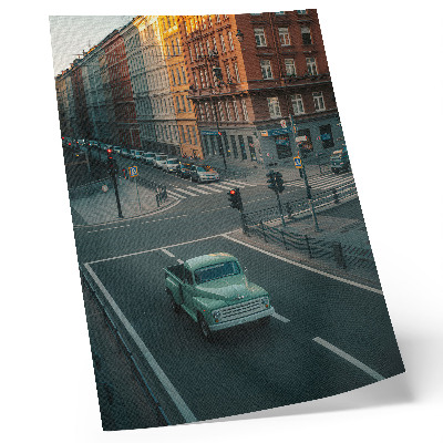 Wandposter Huurkazernes, retro auto, zonsondergangsfeer