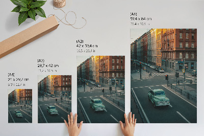 Wandposter Huurkazernes, retro auto, zonsondergangsfeer