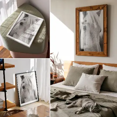 Decoratieve poster paardenoog in zwart-wit elegantie