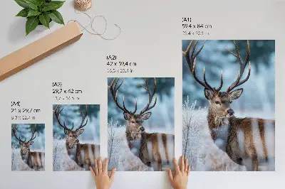 Poster de schoonheid van de natuur met een winterlandschap en majestueuze herten
