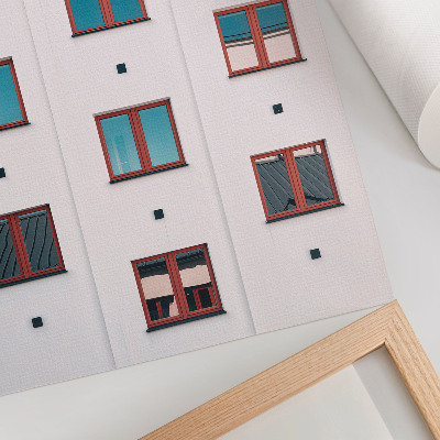 Decoratieve poster Oranje kozijnen, blauwe ramen, witte gevel