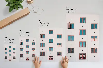 Decoratieve poster oranje kozijnen met blauwe ramen en een witte gevel