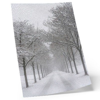 Wandposter Symmetrische laan met winterse bomen, sneeuw en mist.