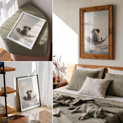 Decoratieve poster olifant op een halve maan met boeken tussen de wolken