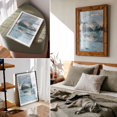Wandposter Winterlandschap met blauwe weerspiegelingen van bomen