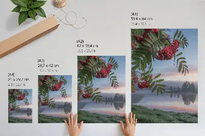Wandposter zee in de ochtend met lijsterbes en delicate mist