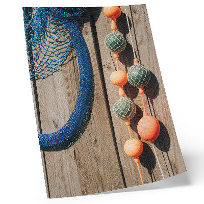 Poster Kleurrijke boeien, houten muur, maritieme accenten