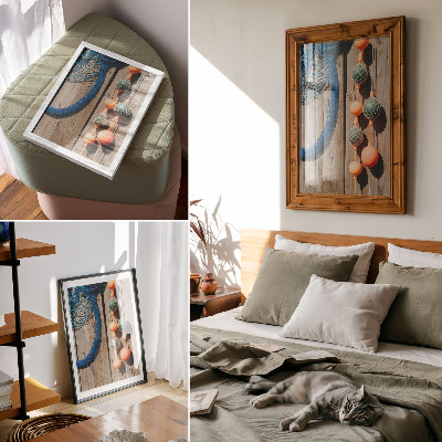 Poster Kleurrijke boeien, houten muur, maritieme accenten