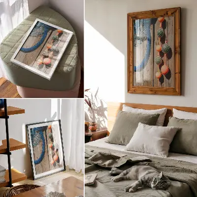 Poster met kleurrijke boeien tegen een houten muur met maritieme accenten