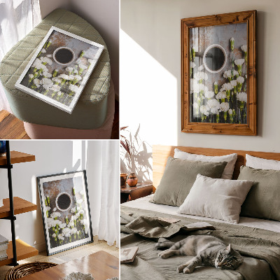 Wandposter Een kopje koffie en witte anjerbloemen