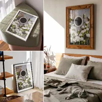 Wandposter met een kopje koffie en witte anjerbloemen