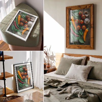Decoratieve poster Heldere groenten op een donkere, rustieke achtergrond.