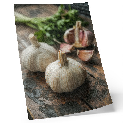 Wandposter Knoflook op hout, natuurlijke, rustieke sfeer, authenticiteit