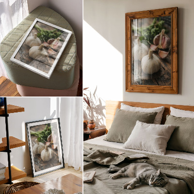 Wandposter Knoflook op hout, natuurlijke, rustieke sfeer, authenticiteit