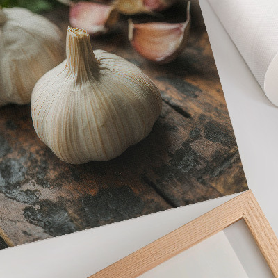 Wandposter Knoflook op hout, natuurlijke, rustieke sfeer, authenticiteit