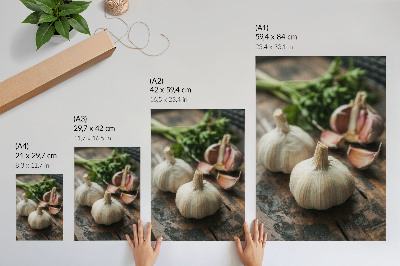 Wandposter Knoflook op hout, natuurlijke, rustieke sfeer, authenticiteit
