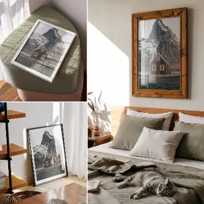 Poster berglandschap met een houten huis en besneeuwde bergtoppen