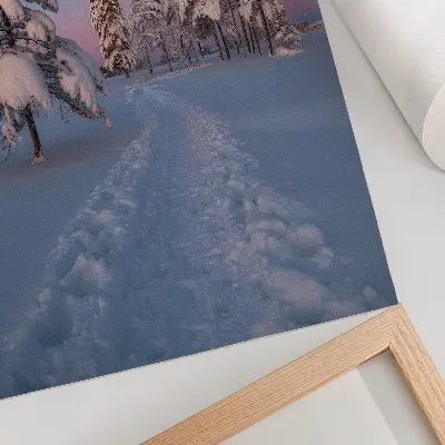 Decoratieve poster met winterlandschap van besneeuwde bomen bij maanlicht