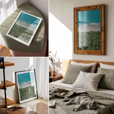 Wandposter met een turkooizen strand met golven, palmbomen, harmonie en vrede