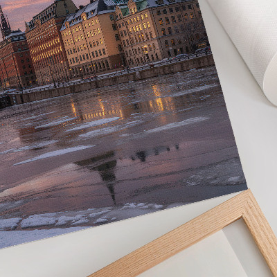 Wandposter Stadspanorama zonsondergang ijsfragmenten