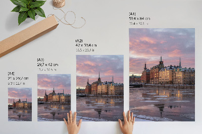 Wandposter Stadspanorama zonsondergang ijsfragmenten