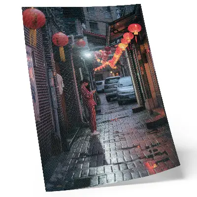 Wandposter stadsstraatlantaarns in avondatmosfeer