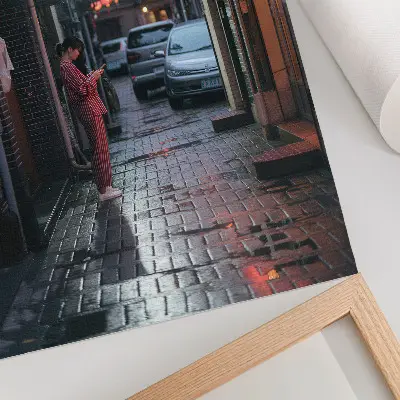 Wandposter stadsstraatlantaarns in avondatmosfeer