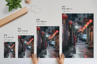 Wandposter stadsstraatlantaarns in avondatmosfeer