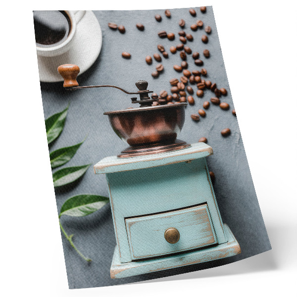 Decoratieve poster Oude turquoise koffiemolen, koffiebonen, groene bladeren