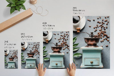 Decoratieve poster Oude turquoise koffiemolen, koffiebonen, groene bladeren