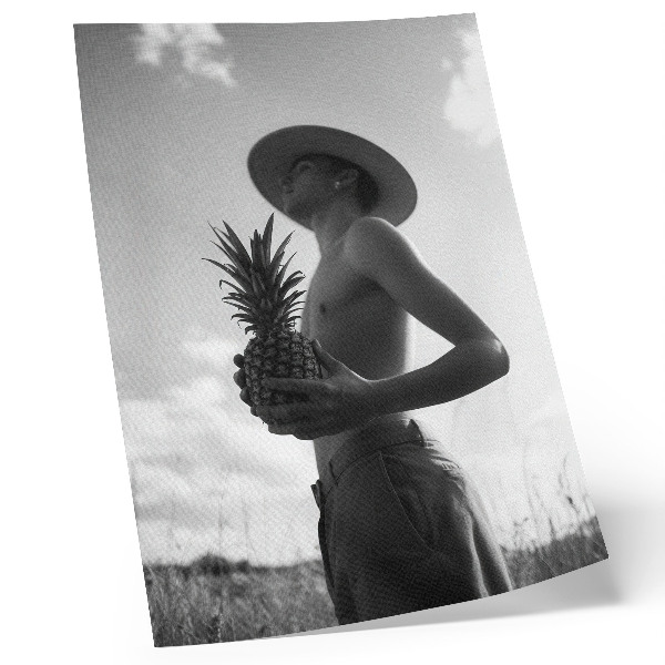Poster Monochroom figuur hoed ananasveld