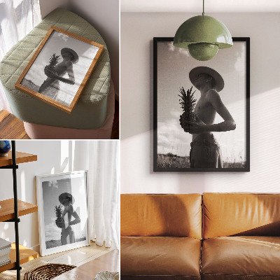 Poster Monochroom figuur hoed ananasveld
