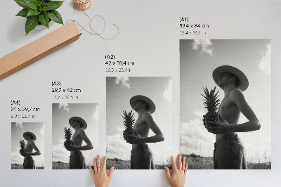 Poster Monochroom figuur hoed ananasveld