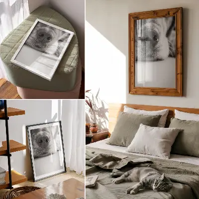 Poster close-up van een hond met een minimalistische zwart-wit textuur