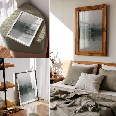 Wandposter Mist, bomen, huis, weerspiegeling, rustig landschap