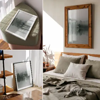 Wandposter rustig landschap met mist en bomen bij een huis met weerspiegeling
