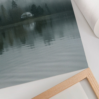 Wandposter Mist, bomen, huis, weerspiegeling, rustig landschap