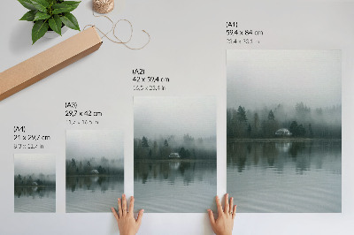 Wandposter Mist, bomen, huis, weerspiegeling, rustig landschap