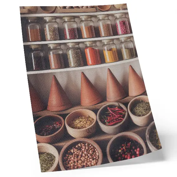 Decoratieve poster met specerijen in houten en keramische potten in warme tinten
