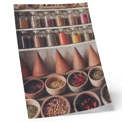 Decoratieve poster met specerijen in houten en keramische potten in warme tinten