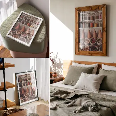 Decoratieve poster met specerijen in houten en keramische potten in warme tinten
